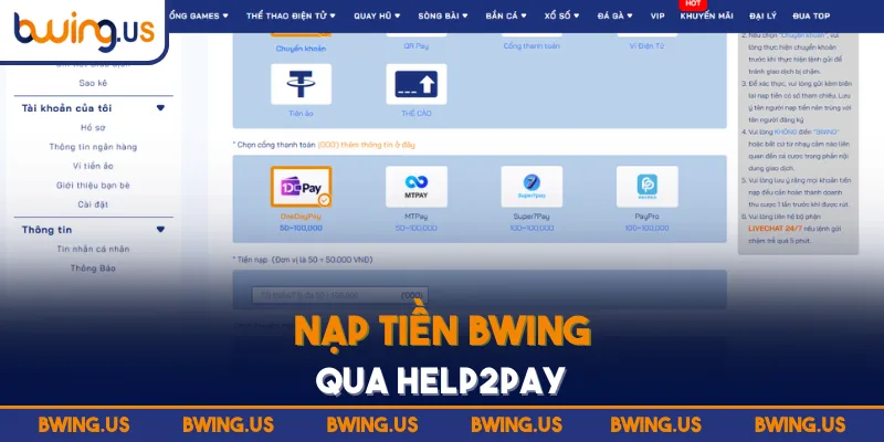 Nạp tiền BWING qua Help2pay